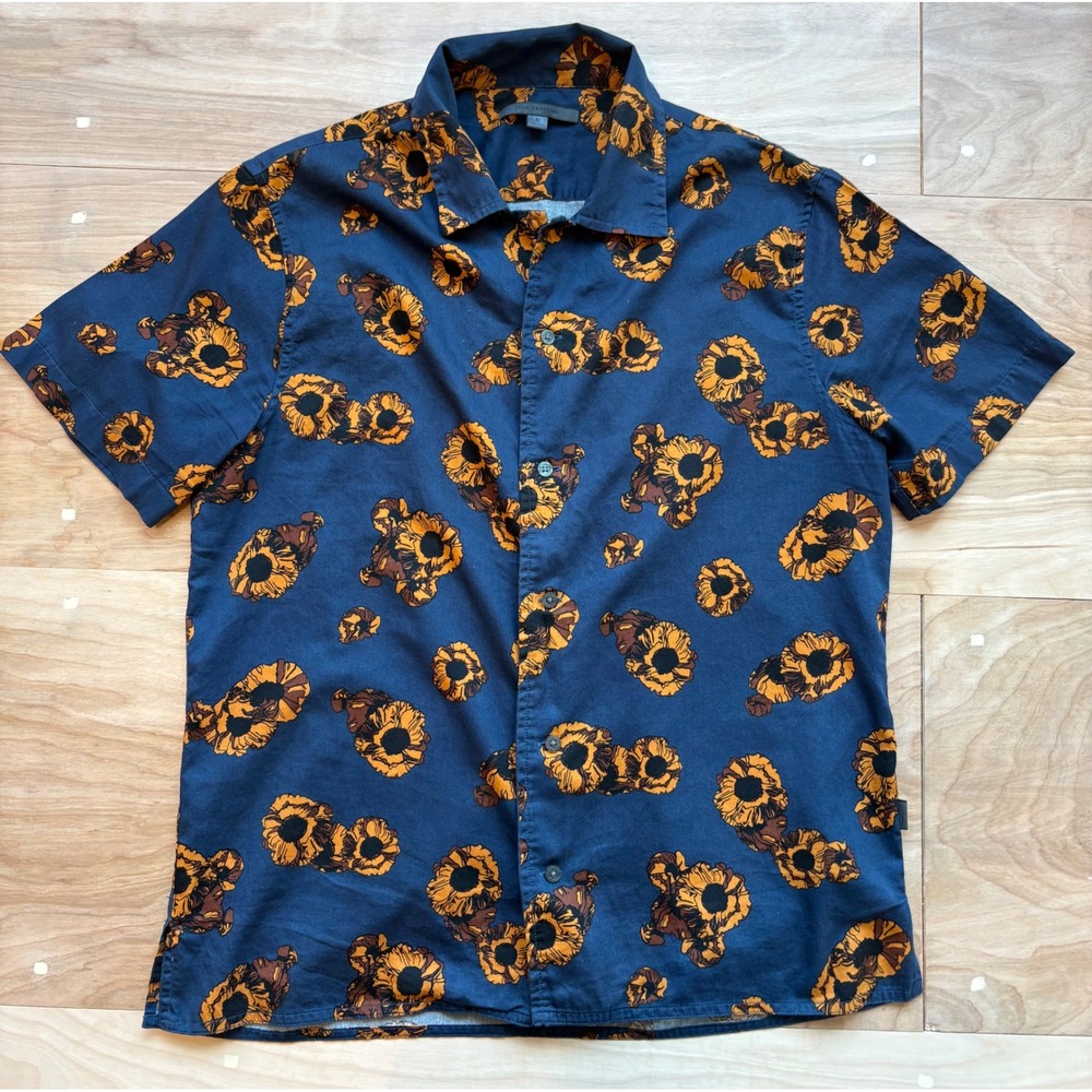 John Varvatos Mens Danny Camp Shirt Poppy Print Button Down Navy Nature Indie - Picture 2 of 9